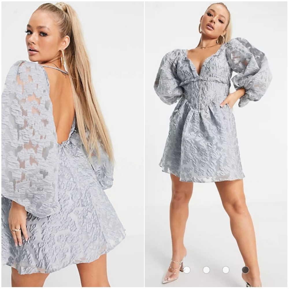 ASOS DESIGN Puff Sleeve Corset Jacquard Skater Dress Ice Blue US 6 NWT